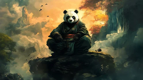 Calm panda monk gently meditates atop a misty mountain