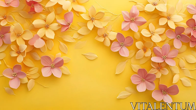 Polychromatic Floral Arrangement: Layered Paper Blooms Against Chromatic Yellow Field.