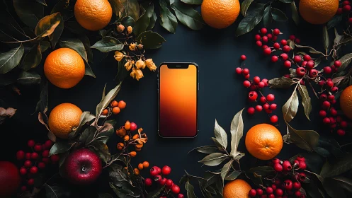 Smartphone lies amid vibrant citrus and berry still life.