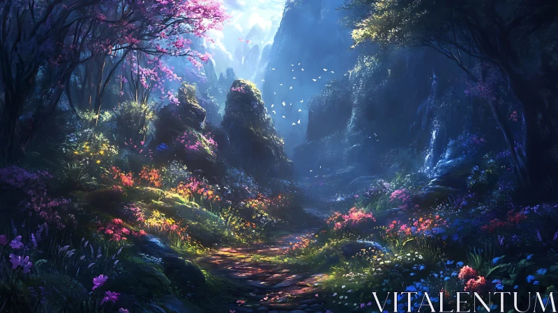 Illuminated Forest Canyon With Flowering Vegetation