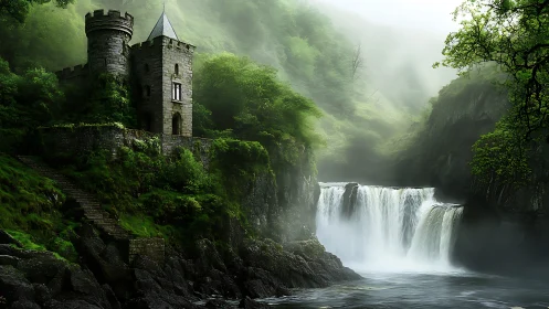 Fortified stone tower overlooking mist-sheathed waterfall gorge.
