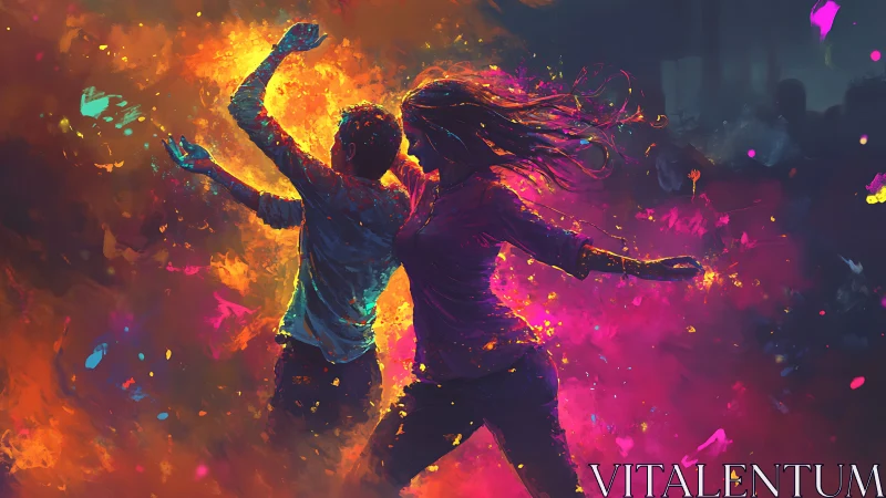 Color storms whirl around two dancers caught mid-revolution