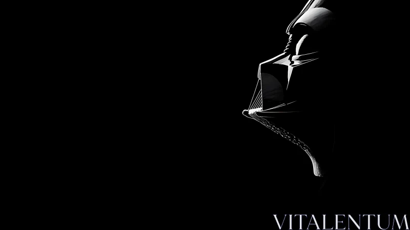 Helmet silhouette cuts sharp profile against deep black void