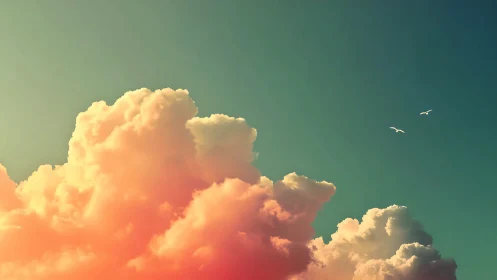 Sunlit cumulus clouds rise under teal sky with birds
