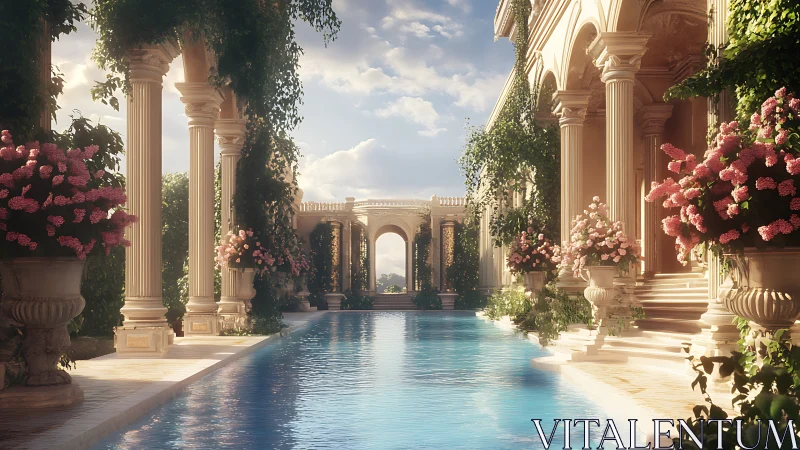 Sunlit neoclassical courtyard pool framed by floral colonnades