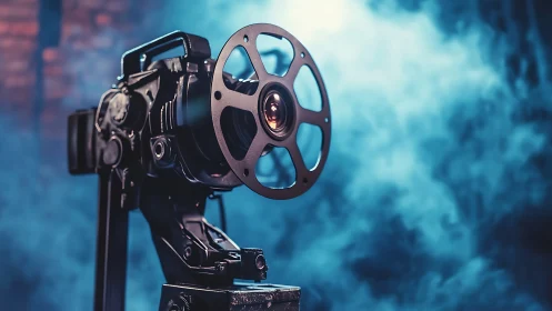 Vintage film projector in blue cinematic studio haze.