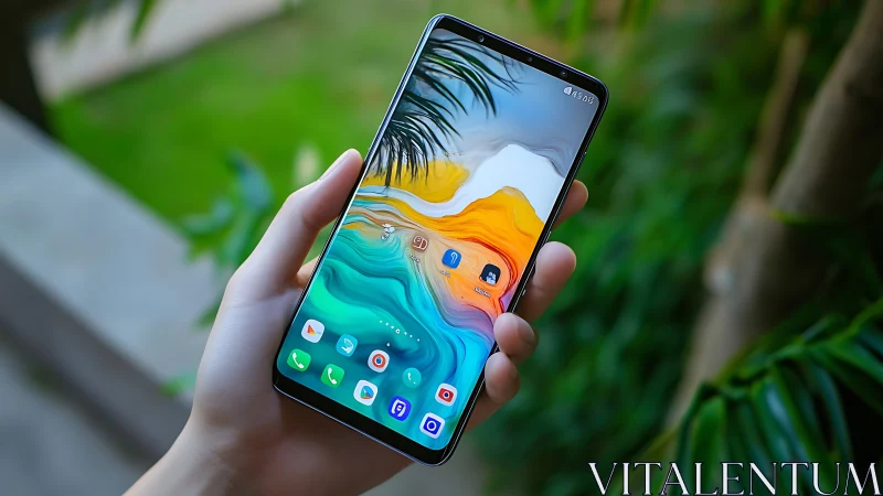 Android Smartphone Display Showcasing Layered Wave Wallpaper with Vibrant Color Gradients