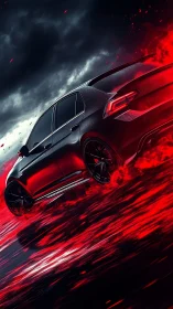 Red performance hatchback cutting through storm-lit neon road.