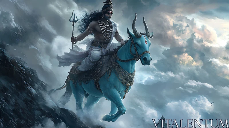 Storm-swept Shiva riding Nandi through celestial clouds.