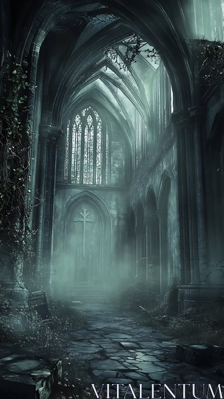 Gothic nave ruin with volumetric fog and overgrown stonework.