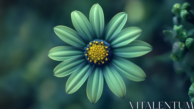 Pale green daisy with yellow center detail.