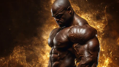 Muscular male bodybuilder against fiery abstract glow.