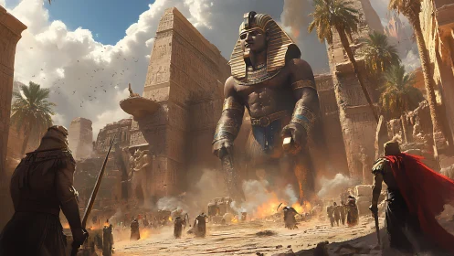 Colossal pharaoh awakens in a storm of sand and fire.