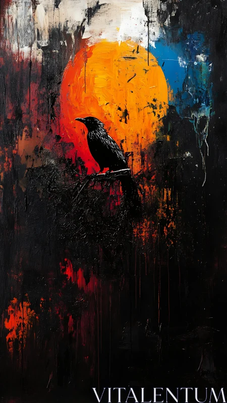 Solitary crow resting against a bold burning sunset glow.