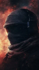 Tactical operative stands in embers under burning sky