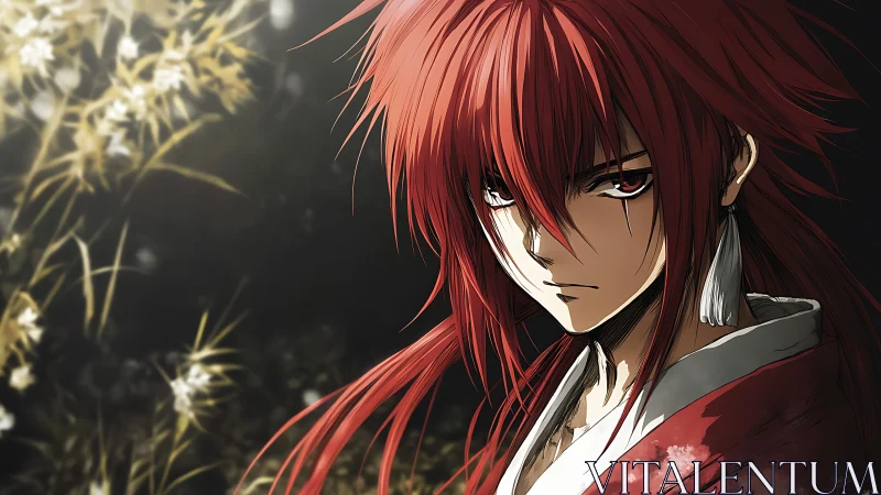 Red-haired anime swordsman rendered in side-lit portrait