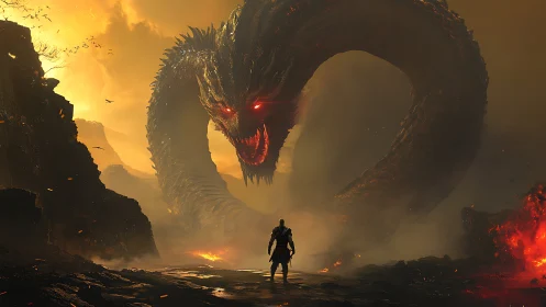 Armored figure facing serpentine lava creature in wasteland.
