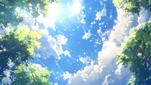 Upward forest perspective captures luminous summer sky