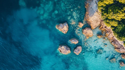 Azure cove dreamscape where sunlit cliffs kiss clear sea.