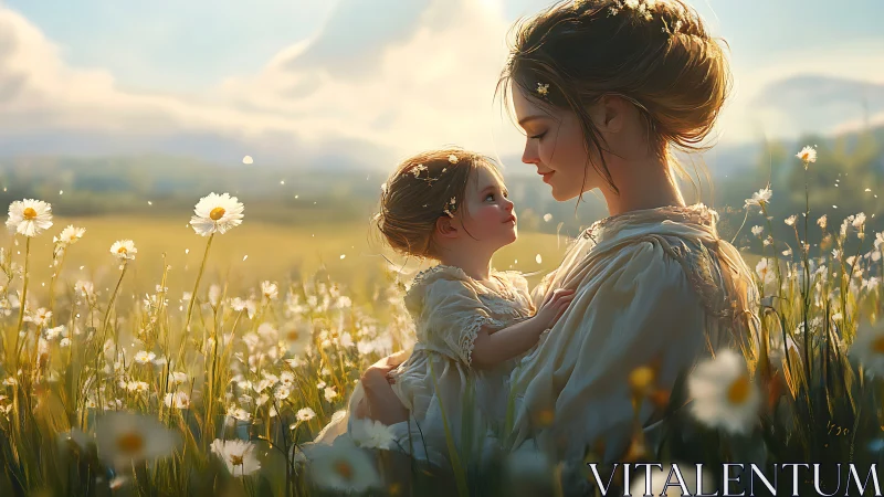 Mother and child in sunlit daisy meadow at golden hour.