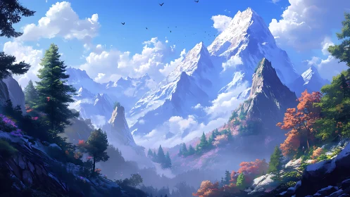 Snow-covered mountain range above mixed forest slopes.