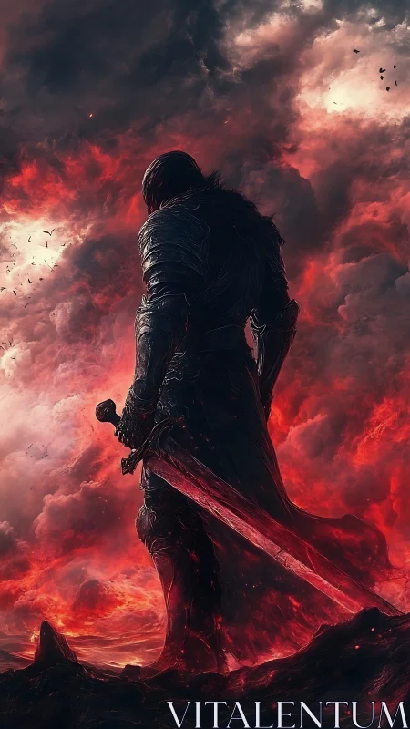Armored silhouette with incandescent sword in volatile red storm.