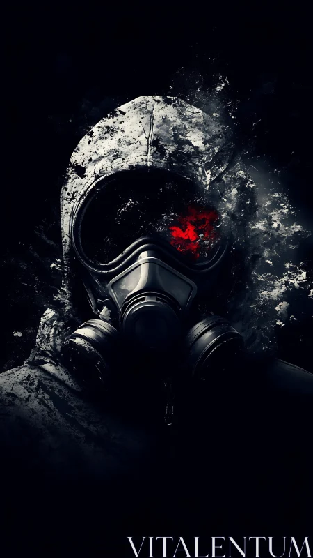 Figure in gas mask and hood is rendered in dark contrast