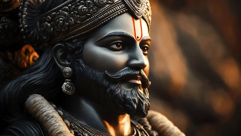 Regal bearded statue bathed in warm golden evening light.