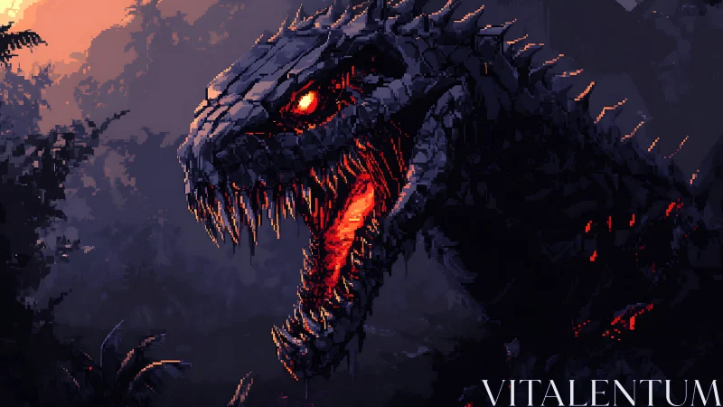 Pixelated demon dinosaur roars under burning dusk sky.