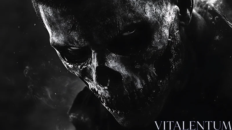 Monochrome skull-like face in close, high contrast view.