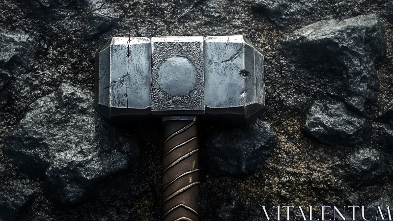 Storm-forged war hammer rests silent on rugged obsidian stone