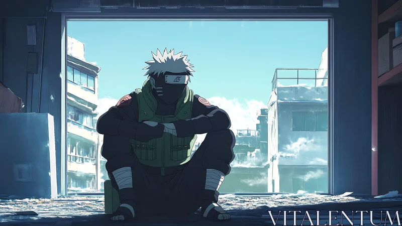 Silent ninja sentinel in a snowlit ruined city windowframe.