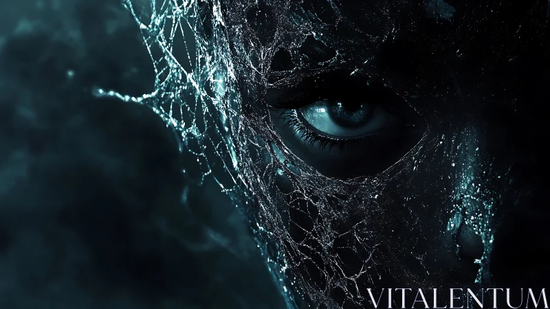 Iridescent webbed mask reveals single luminous human eye