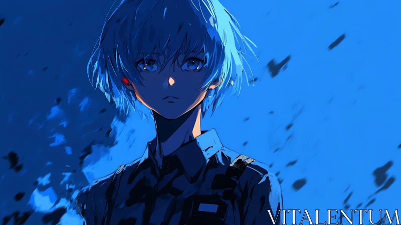 Quiet blue haired anime teen stands in soft glowing light