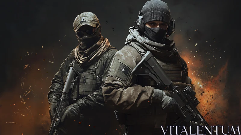 Heavily armed tactical soldiers against fiery explosion.