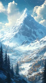 Snowcapped mountain peak rises above misty autumn valley