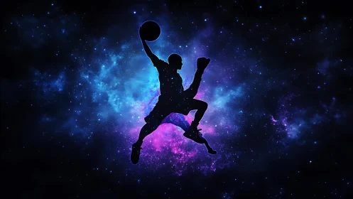 Silhouette of basketball player against nebula space background.