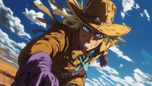 Anime cowboy rider leans forward under a dynamic sky