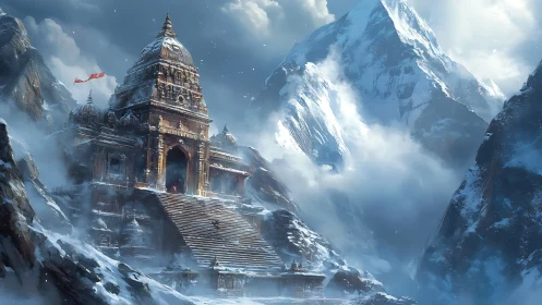 Ancient Himalayan temple stands amid swirling mountain snow.
