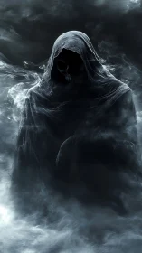 Hooded wraith stands shrouded in swirling spectral fog