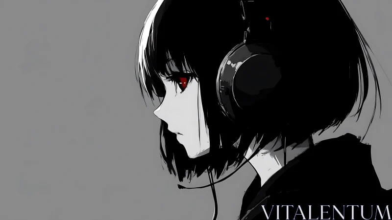 Profile of brooding girl in headphones on muted gray field.