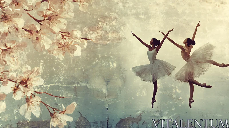 Ballet dancers in mid-leap beside stylized blossom mural.