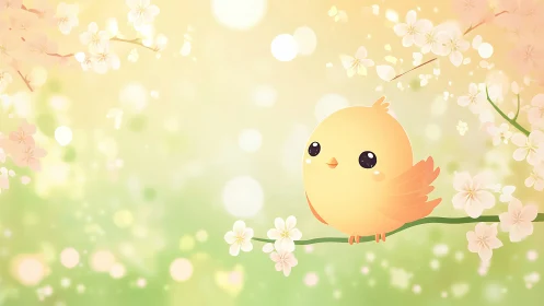 Blushing spring chick perches amid dreamy blossom glow.