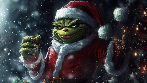 Digital painting of sinister festive creature in Santa attire.