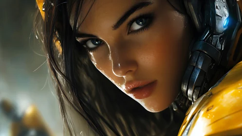 Cyborg warrior portrait with intense blue gaze in armor.