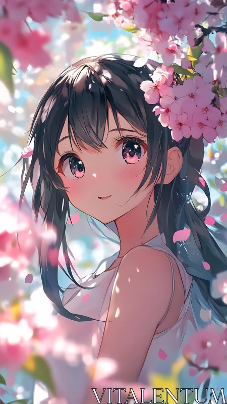 Spring girl framed by glowing cherry blossom petals.