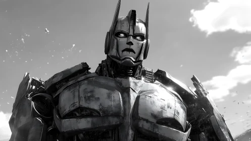 Battle-worn humanoid robot in stark monochrome sky scene.