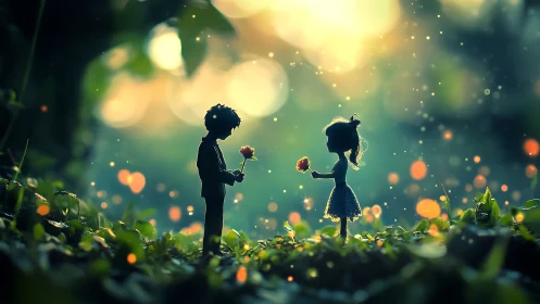 Two Silhouettes Share Blooms in Golden Sunlight.