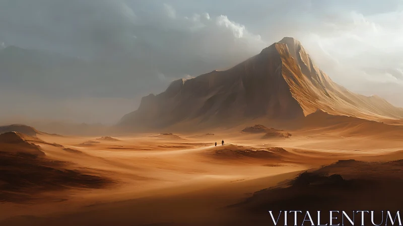 Vast sunlit desert landscape with towering rocky mountain.