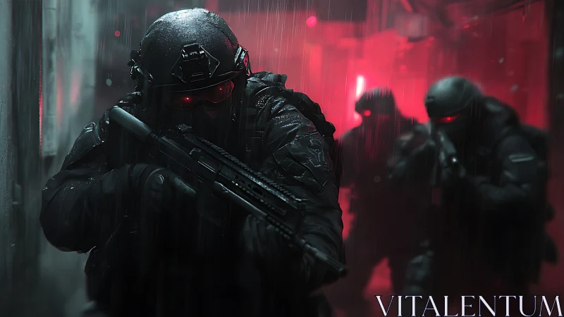 Tactical operators advance through neon-lit corridor under fire.